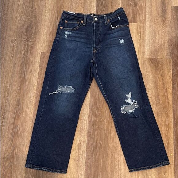 Levi's Ribcage Straight Ankle Distressed Dark Blue Jeans Sz 30 - Picture 1 of 16